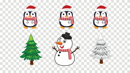 Set of vector Christmas elements, Christmas cartoon cute penguins and snowman with christmas tree, Vector Graphic Illustration.