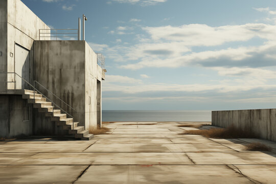 minimalistic landscape with concrete structures on the seashore