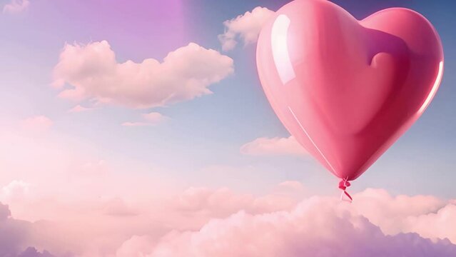 Pink balloon heart shape against colorful blue sunset sky and pink pastel sky in a sunny bright morning. Romantic postcard background on Valentine's Day. Travel and recreation theme Copy space Moving 