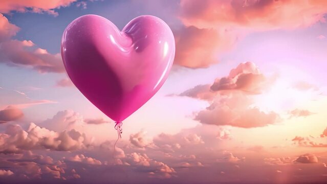 Pink balloon heart shape against colorful blue sunset sky and pink pastel sky in a sunny bright morning. Romantic postcard background on Valentine's Day. Travel and recreation theme Copy space Moving 