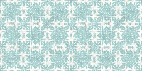 Aqua teal blue white vibrant watercolor batik azulejos tile border banner background. Seamless coastal blur linen effect geometric mosaic effect.Boho Patchwork nautical masculine summer ribbon trim. 