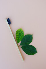 Vertical photo of ecological bamboo wooden toothbrush on beige background with green leaves.Concept of teeth health caring and no plastic organic eco friendly natural zero waste concept.
