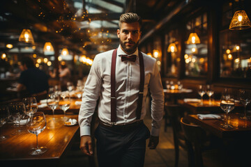 Waiter in a suit walking fast in a restaurant. Motion blur and speed serving, dynamic life in restaurant. Many tables on background. - obrazy, fototapety, plakaty