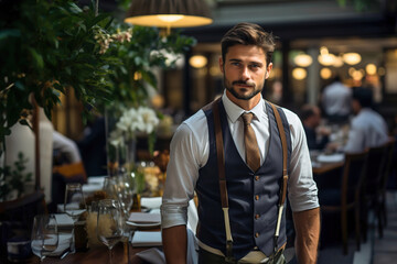 A man waiter standing in front of many tables with clients in restaurant. - obrazy, fototapety, plakaty