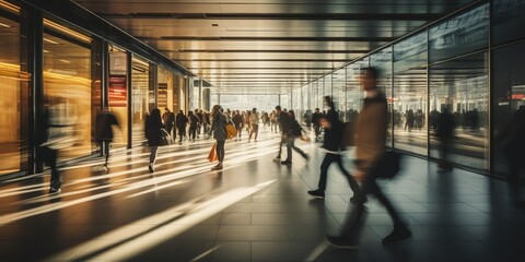 Busy corridor with people in motion.