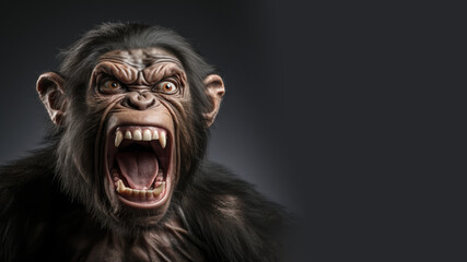 Angry chimpanzee open mouth ready to attack isolated on gray background