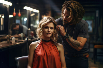 A man cutting a woman's hair in a salon. - obrazy, fototapety, plakaty
