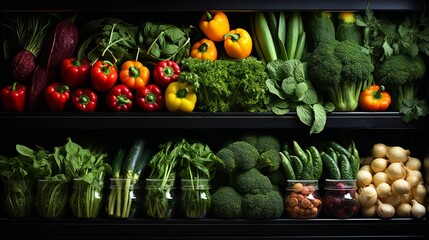 Fruits and vegetables displayed on refrigerated shel - obrazy, fototapety, plakaty