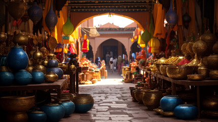 a dusty street market with many brass trinkets, vases, pots, bowls and fabrics. Middle eastern influence. Bazaar. - obrazy, fototapety, plakaty