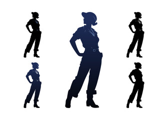 Female construction worker with hat and work overall. Set of working woman in different poses and color options. Silhouette of female workers in uniform. Vector illustration isolated on white	