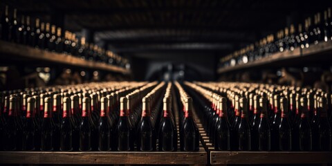 Wine bottles in a cellar. - obrazy, fototapety, plakaty