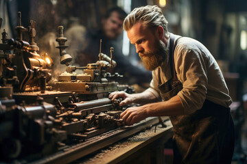 A turner works on a lathe in a factory. - obrazy, fototapety, plakaty