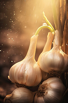 Cinematic garlic bulbs in dramatic light 