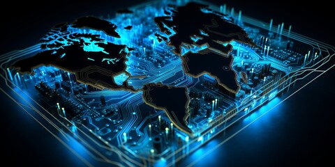 Naklejka premium 3D map of the world on a circuit board.