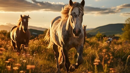 During sunrise or sunset horses can be observed