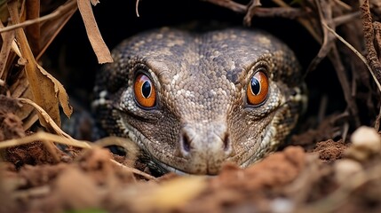 The head of a monitor lizard peeking out from