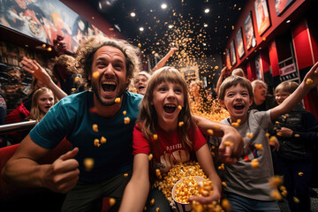A man and children are in a movie theater, eat popcorn and scream emotionally and excitedly.