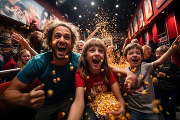 Fotobehang A man and children are in a movie theater, eat popcorn and scream emotionally and excitedly. © Degimages