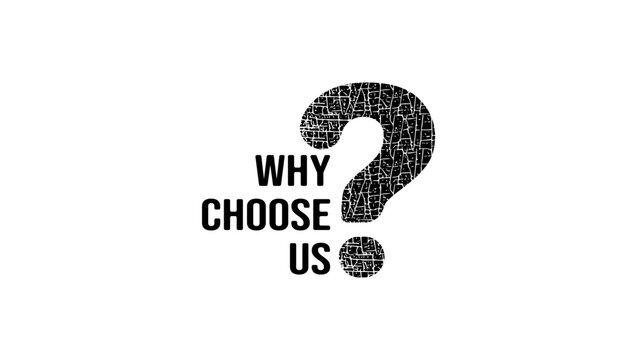 Why choose us symbol, text with big question mark, black isolated silhouette