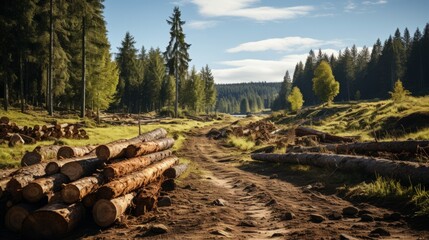 Stacks of logs along a forest road surrounded - obrazy, fototapety, plakaty