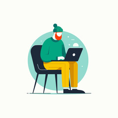 Remote Work in Winter vector illustration, A Man working from home sitting on chair in winter clothes flat vector illustration. Ai Generated
