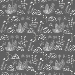 seamless pattern of plants in a primitive style drawn with white lines