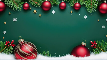 Naklejka premium Green Christmas Background with Red and Gold Ornaments