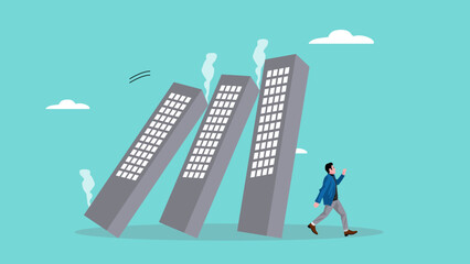 business or investment risk illustration with the concept of a businessman running from a building that is about to collapse, economic recession, investment asset fall down concept