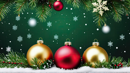 A Festive Green Christmas Background Adorned with Red and Gold Ornaments
