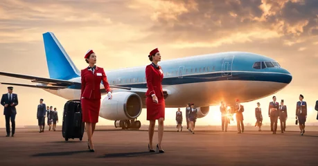 Fotobehang full length Portrait of young beautiful confident flight attendants walking in airport. one male pilot, young group of team stewardess wearing red stylish uniform with skirt and jackets. Generative ai © Maxim Chuev