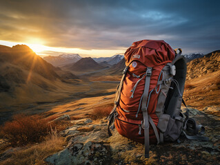 A serene landscape with a backpack and camping gear. A calm and sunny morning