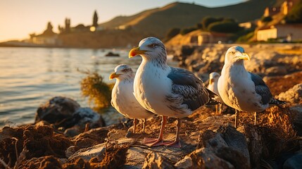 Seagulls nesting on a rock by the ocean