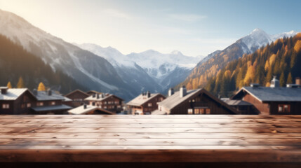 Empty wooden table top with Scandinavian alpine village, mountains background and holiday cabins. Oktoberfest Themed. Bokeh style background. Stage for product design. Generative AI