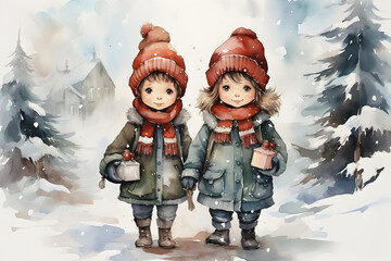 Winter christmas banner with cute children on snowy forest background with trees and snow, illustration in watercolor style. Funny cartoon characters.