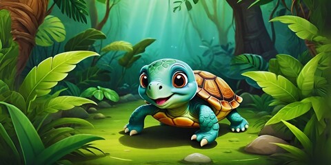 Cute beautiful baby tortoise in the jungle, Cute baby animals, AI-generated images 