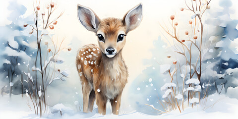 Winter banner with fawn, baby deer in snowy forest with trees and snow, illustration in watercolor style.