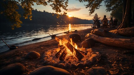 River bank campfire captured at sunset - obrazy, fototapety, plakaty