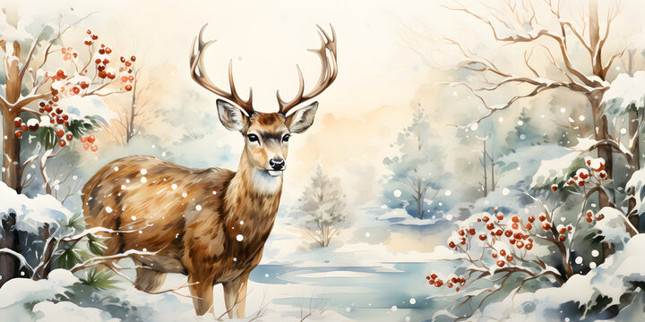 Winter banner with deer in snowy forest with trees, snow and red berries, illustration in watercolor style with copy space.