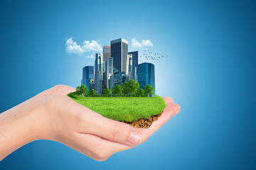 eco planet with building, trees and renewable energy. Green Peace Earth. Earth with the different elements on its surface. Urban concept background. city day creative concept. 