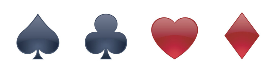 High quality vector illustration of the four Poker playing cards suits symbols - Spades, Hearts, Diamonds and Clubs icons isolated on white background