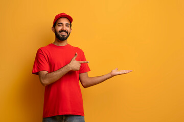 Indian delivery guy in uniform smiling and pointing to his open palm