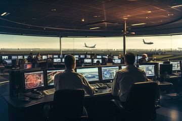 Room Control center on the airport. Monitor Operators Sitting in Front of Computer Screen in hall for air traffic control.