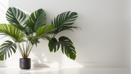 Monstera leaves, a beautiful tropical native with the freshness of natural leaves. The background wall has a sun shadow on a white copy space wall for displaying products.