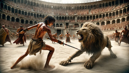 A young boy gladiator armed with a sword standing in the arena in ancient Rome battling a male lion  - obrazy, fototapety, plakaty