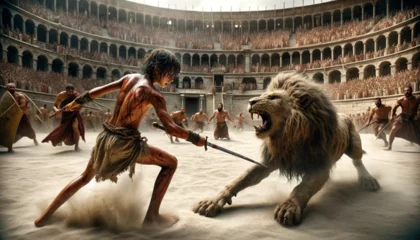 Gordijnen A young boy gladiator armed with a sword standing in the arena in ancient Rome battling a male lion  © SpeedShutter