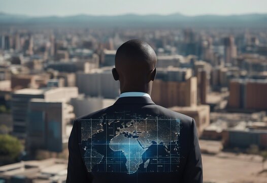 Black Man Seen From Behind With A Virtual Map Projected On His Back. 