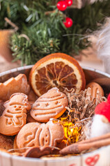 Christmas gingerbread cookies and decorations. Festive food, culinary, Christmas and New Year traditions concept