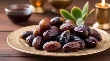 dried dates, fruits that are beneficial to health Healthy, sweet, refreshing, organic vegetarian food, a miracle fruit from the Arabian land. Middle East breaking the fast in Ramadan - obrazy, fototapety, plakaty