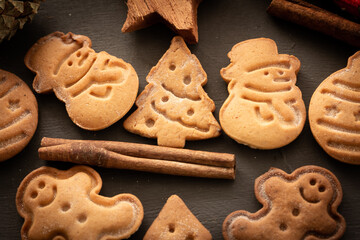 Christmas cookies, cinnamon sticks on dark background. Close-up. Christmas and New Year traditions concept