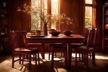 Fototapeta na wymiar A wooden table and chair set in rich mahogany hues bathed in warm sunlight.